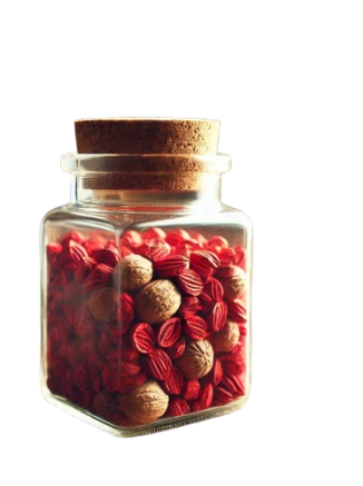 DALL_E_2025-03-02_19.07.13_-_A_glass_jar_filled_with_red_nutmeg__placed_on_a_wooden_kitchen_counter._The_jar_is_sealed_with_a_cork_lid__and_some_loose_red_nutmeg_pieces_are_scatte-removebg-preview