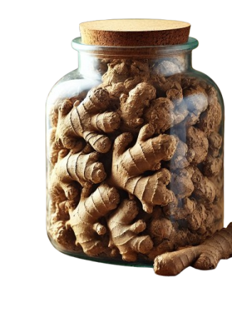 DALL_E_2025-03-18_22.32.07_-_A_large_clear_glass_jar_filled_with_highly_dry__whole_ginger_roots__placed_on_a_wooden_kitchen_countertop._The_ginger_roots_are_uncut__in_their_natura-removebg-preview